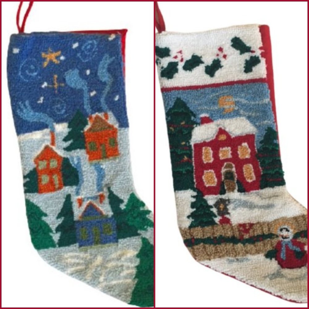 Two Christmas Stockings Hooked Yarn Hooked Rug Snow Scenes